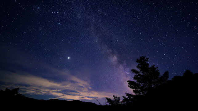Starry Night Sky with Milky Way over Forest Silhouette - AI Generated Illustration