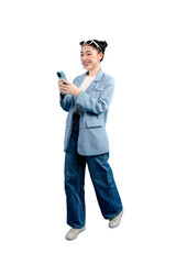 Young Asian woman engaged in joyful messaging using her smartphone. Her attire is casual, and she holds a phone with the smile on her face on PNG