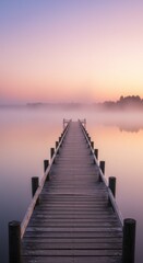Obraz premium Wooden Pier Leading into Misty Lake at Sunrise