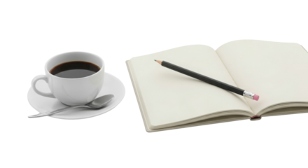 Coffee cup and open notebook with pencil for morning planning isolated PNG with Transparent Background