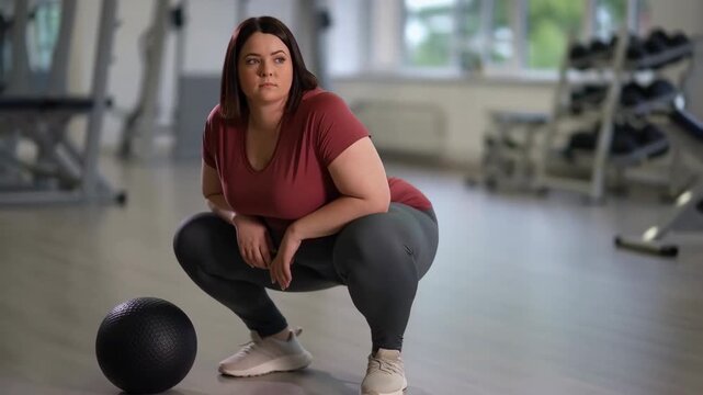Determined plus size woman squatting in gym