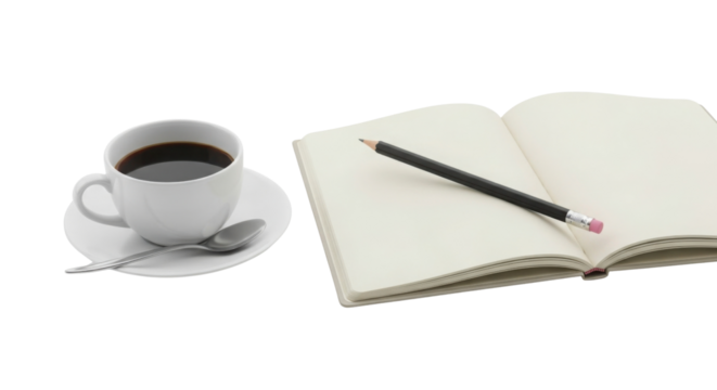 Coffee cup and open notebook with pencil for morning planning isolated PNG with Transparent Background
