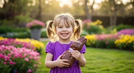 Joyful child holding chocolate bunny in colorful garden outdoor portrait springtime natural light