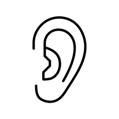 An illustration depicting a black icon of a human ear, the organ of hearing, on a white background