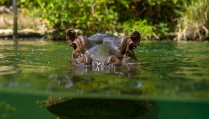 Hippopotamus submerged in green water, partially visible above and below the surface