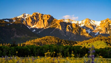 Scenic mountain range with snow-capped peaks, trees, and flowers at golden hour