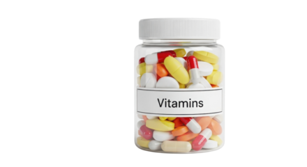 Plastic bottle full of assorted vitamins isolated PNG with Transparent Background