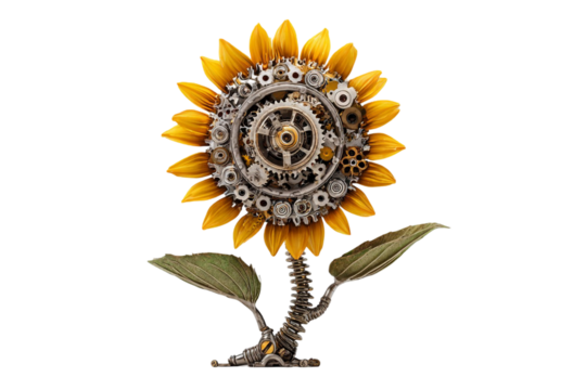 Mechanical Sunflower – Futuristic Floral Machine Isolated on Transparent Background