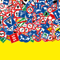 many italian and european standard road signs for traffic law or driving school and copy space