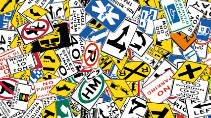 background with many road signs used in the United States of America ideal as a background for driving school