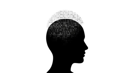 silhouette of a human head emerging from swirling binary code, symbolizing the future of intelligence driven by ai and innovation