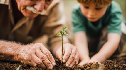 A grandfather and grandson plant a young sapling together, showcasing a meaningful moment of gardening and connection to nature.