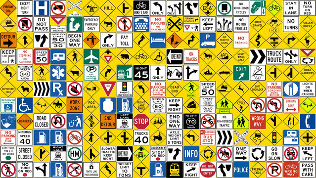grid with US standard road signs ideal as a background for driving school and road education