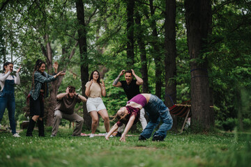 Fototapeta premium A group of friends shares fun moments in a lush park setting, enjoying collaborative and active play amidst the trees, creating a joyful and lively atmosphere surrounded by nature.