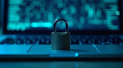 A padlock sits on a laptop keyboard, symbolizing cybersecurity and data protection with code in the background.
