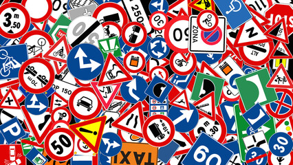 background of italian and european standard road signs for traffic law or driving school © ChiccoDodiFC
