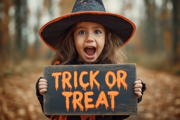 Girl in witch costume holding trick or treat sign on Halloween
