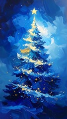 Vibrant blue Christmas tree painting