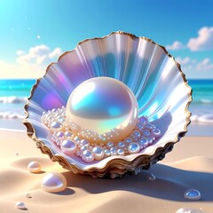 Pearl in a seashell on a beach