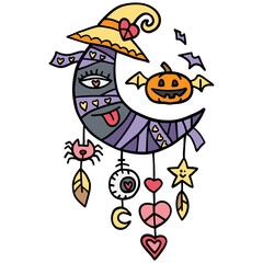 halloween Whimsical Halloween-themed mummy moon illustration in doodle color line style