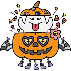 halloween Playful ghost in a pumpkin with whimsical details in doodle color line style