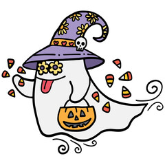 halloween Cute ghost wearing a hat with candy bucket in doodle color line style