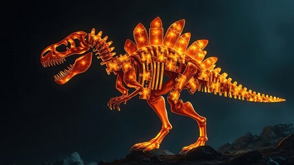 Fossilized bone fragments suspended as glowing puzzle pieces forming an unknown dinosaur silhouette.