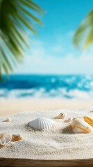 A serene tropical beach scene featuring white seashells on a sandy shore, with palm fronds framing the view and a vibrant blue ocean under a clear sky.