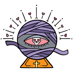 halloween Crystal ball with a skull and hearts design. in doodle color line style