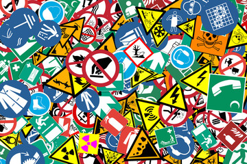 randomly many safety signs with attention and warning pictograms to indicate places or situations of danger for people and workers © ChiccoDodiFC