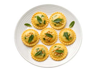 Overhead view of ravioli on a white plate isolated on transparent background