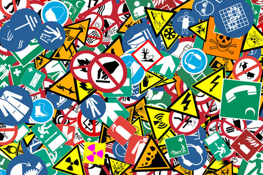 randomly many safety signs with attention and warning pictograms to indicate places or situations of danger for people and workers