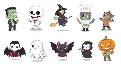 A fun collection of cute cartoon Halloween characters including witch, vampire, ghost, skeleton, pumpkin head, werewolf, zombie, bat, grim reaper and Frankenstein, perfect for holiday design.