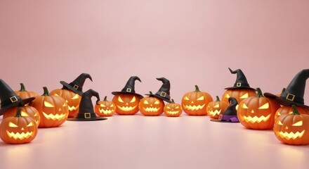 Spooky halloween pumpkins with witch hats glowing on a pink background for seasonal fun