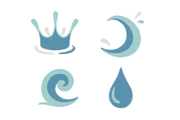 Naklejka premium Collection of stylized water elements including splashes, waves, and a single water drop in various blue tones with a textured finish