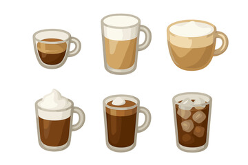 Obraz premium Diverse selection of popular hot and cold coffee beverages in various transparent cups and glasses with foam and ice
