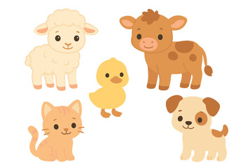 Charming collection of cute baby farm animals and domestic pets including a lamb calf duckling kitten and puppy