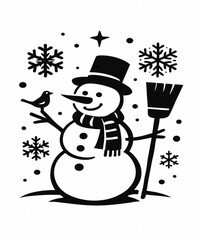 Snowman with Top Hat and Scarf Holding Broom – Black and White Winter Illustration