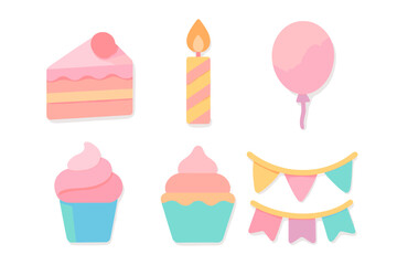 Assortment of festive party elements: cake, candle, balloon, cupcakes, and decorative pennant banners