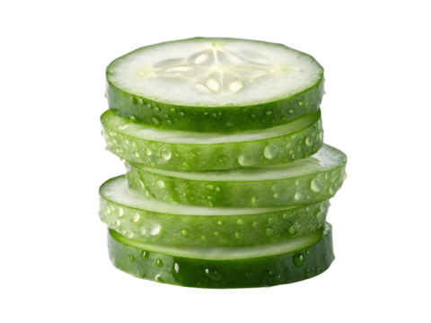 A stack of fresh cucumber slices isolated on transparent background