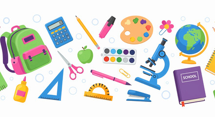 Back to school supplies seamless pattern vector illustration