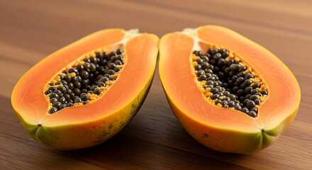 Halved Papaya Delight A Vibrant Close-Up of Tropical Sweetness and Seeded Goodness