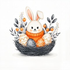 Easter bunny with scarf in nest and floral decor isolated on white