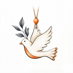 Easter dove with olive branch and hanging ribbon isolated on white