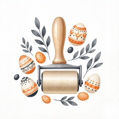 Easter eggs with rolling pin and branches isolated on white background