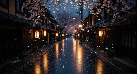 Fototapeta premium Night street view under cherry blossoms, lanterns glow on wet pavement