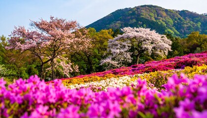 Colorful spring blossoms and a mountain vista