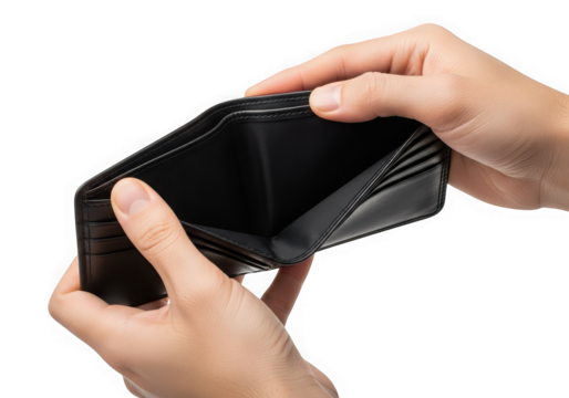 Hands holding an empty wallet isolated on transparent background