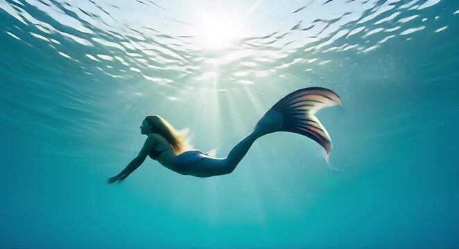 Graceful mermaid swims through sunlit ocean depths, her shimmering tail trailing as light beams pierce the tranquil blue water.