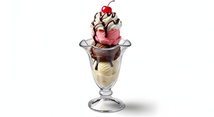 Ice cream sundae in a glass cup with whipped cream, isolated on a black background.